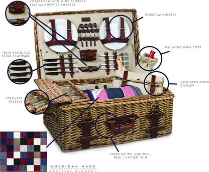 Picnic Time Charleston Luxury Picnic Basket for 4 with Cowhide Leather