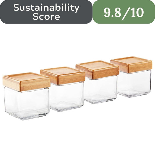 Anchor Hocking 1-Quart Stackable Jars with Bamboo Lids, Set of 4, Clear Glass -