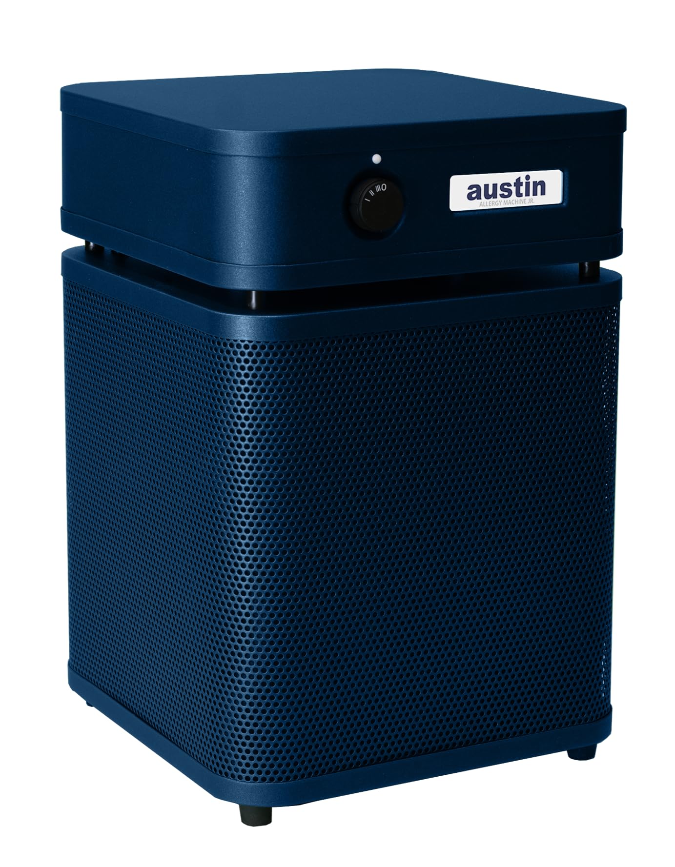 Blue air purifier with 'austin' branding on a white background