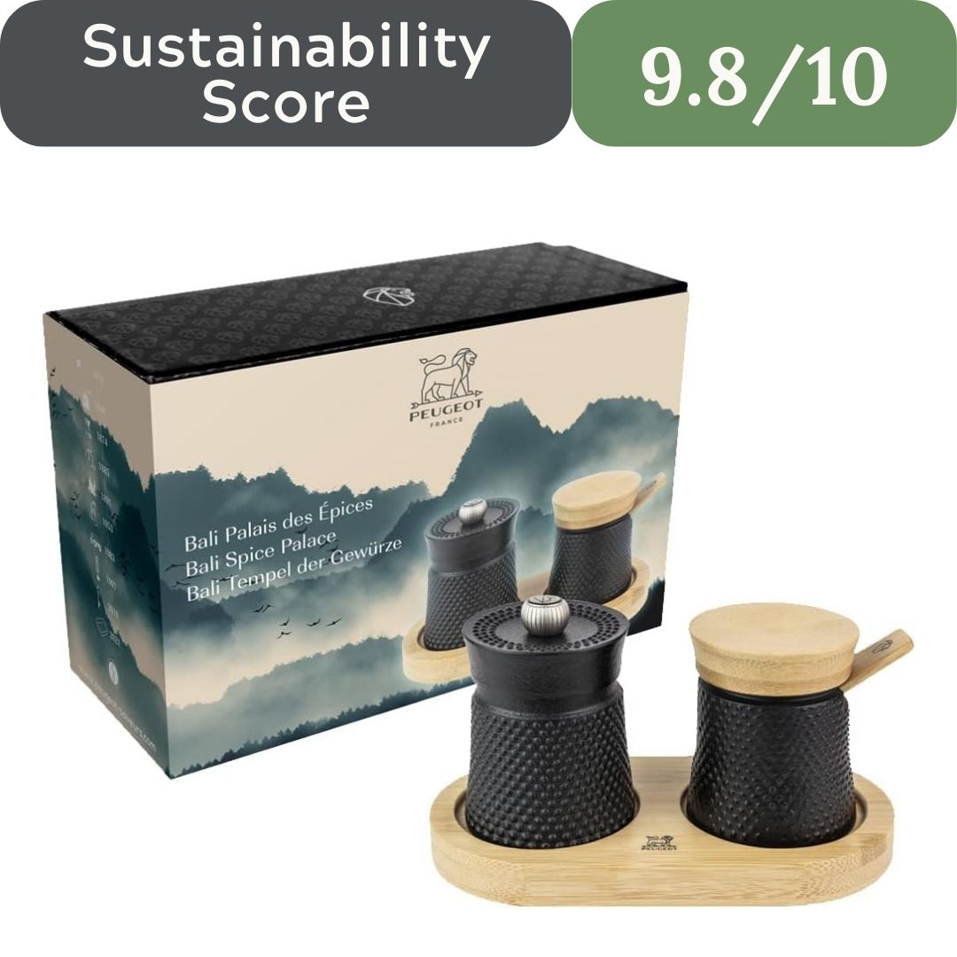 Peugeot Bali Cast-Iron Pepper Mill & Salt Cellar Set with Bamboo Base