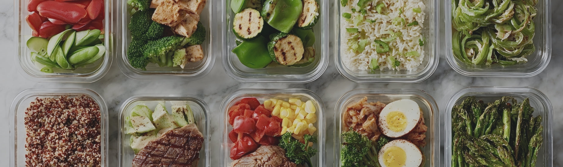 Prepared meals in containers arranged in a grid on a gray surface.