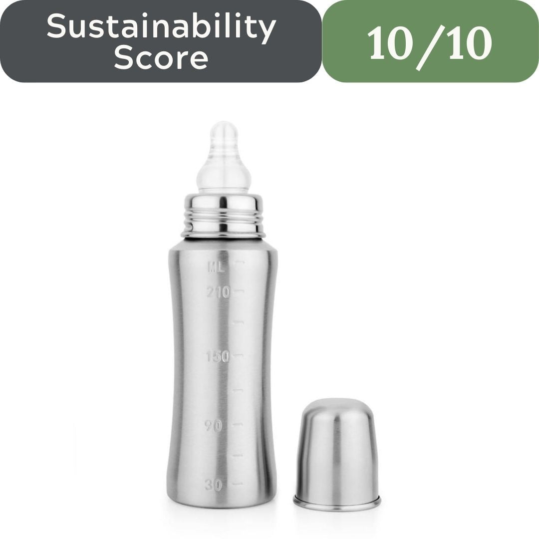 Silver baby bottle with measurement markings on a white background