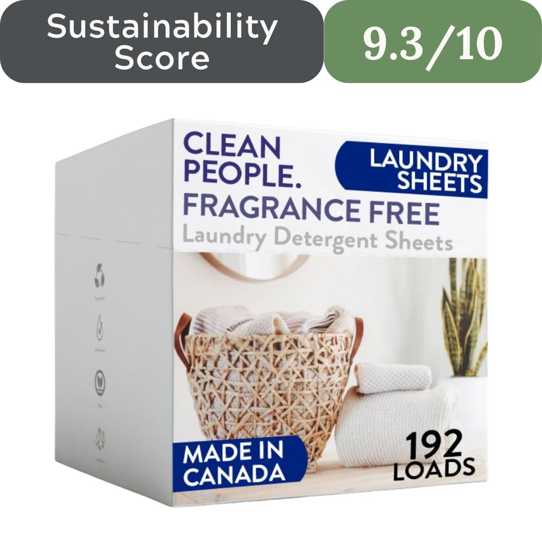 Box of Clean People laundry detergent sheets with sustainability score displayed. Clean People Detergent Sheets for toxin-blocking non-toxic laundry in USA homes 2026