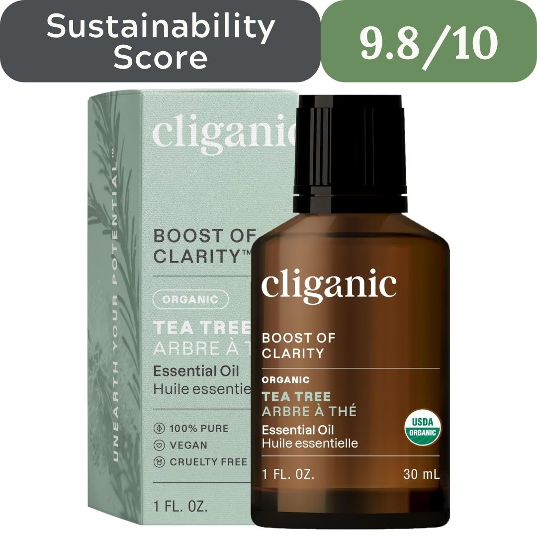 cliganic Boost of Clarity Tea Tree Essential Oil bottle and packaging on a white background with sustainability score displayed.