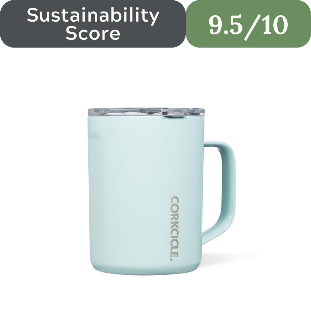Light blue mug with handle on a white background, featuring the brand 'Corkcicle'.