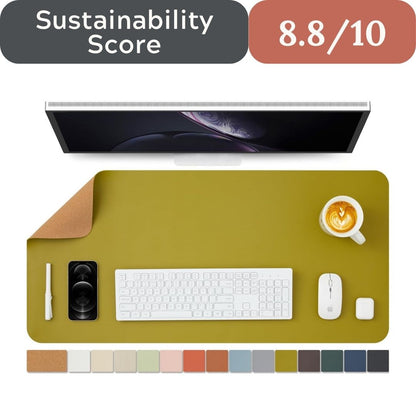 Desk setup with a monitor, keyboard, mouse, and cup of coffee on a large green desk mat, with a sustainability score displayed.