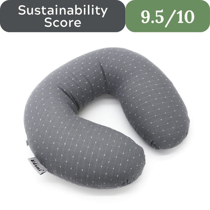 Gray neck pillow with a sustainability score of 9.5/10 displayed above it.