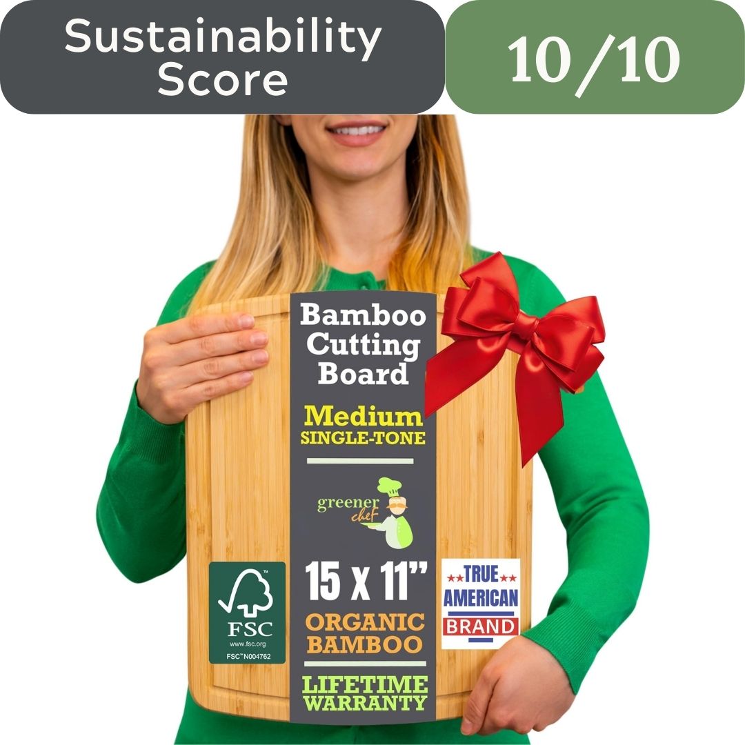 Person holding a bamboo cutting board with sustainability details and a 10/10 score label. Greener Chef XL Organic Bamboo Cutting Board for non-toxic microplastic-free kitchen in USA 2026
