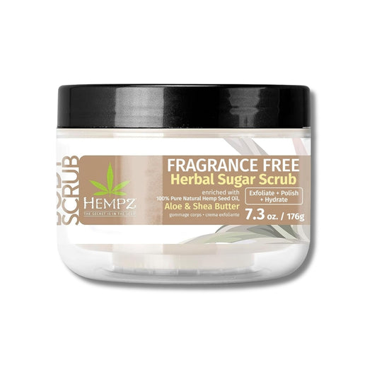 A jar of Hempz Fragrance Free Herbal Sugar Scrub with a black lid and a white label featuring brown and green accents, set against a plain white background.