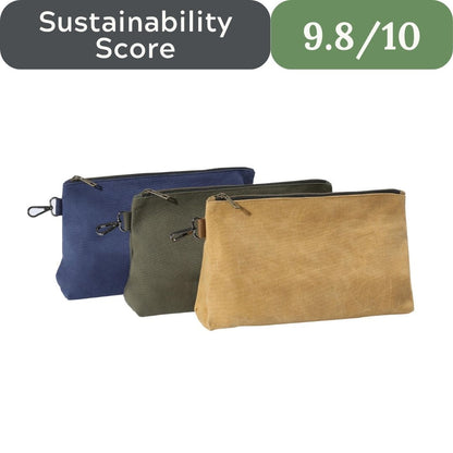 Three pouches in blue, green, and brown with a sustainability score of 9.8/10 displayed above.
