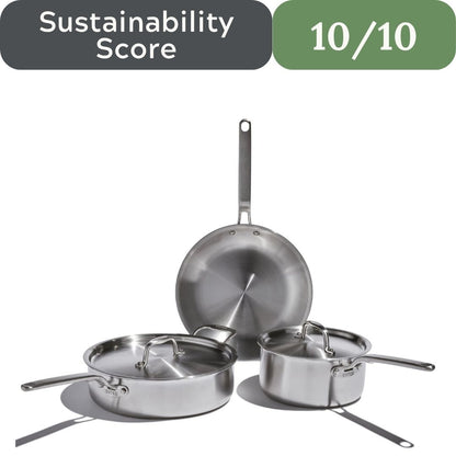 Set of stainless steel cookware with a sustainability score displayed.