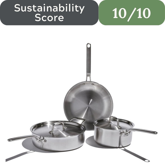 Set of stainless steel cookware with a sustainability score displayed.