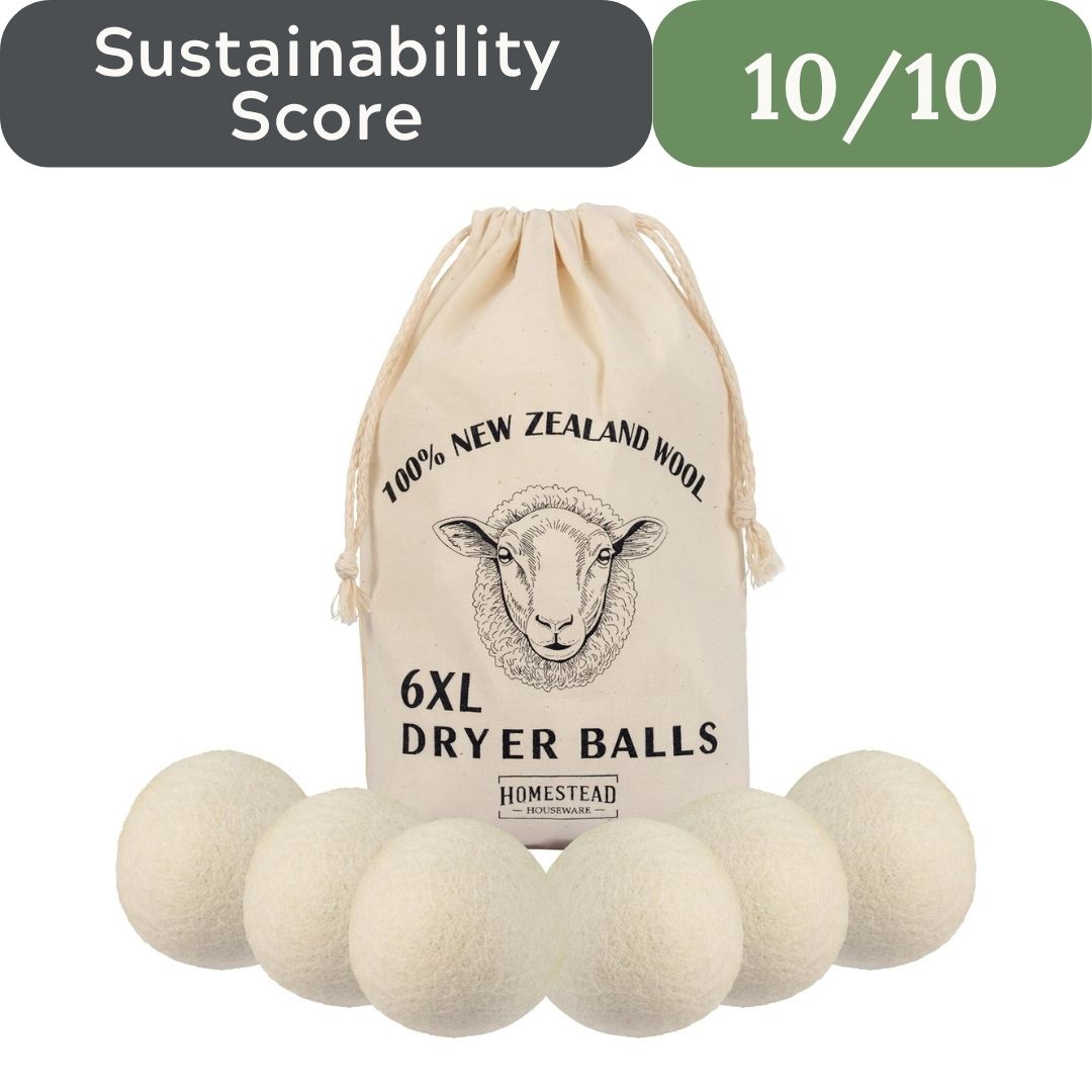 Set of dryer balls with a branded drawstring bag on a white background, featuring a sustainability score.
