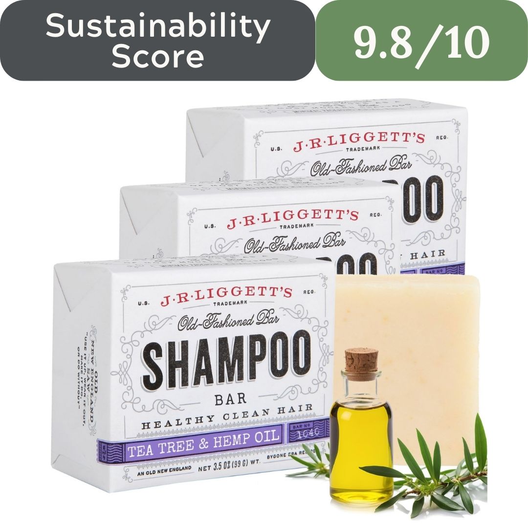 J.R. Liggett's shampoo bar with packaging and a bottle of oil on a white background, featuring a sustainability score. J.R. Liggett's Shampoo Bar 3-Pack for chemical-free non-toxic haircare in USA 2026