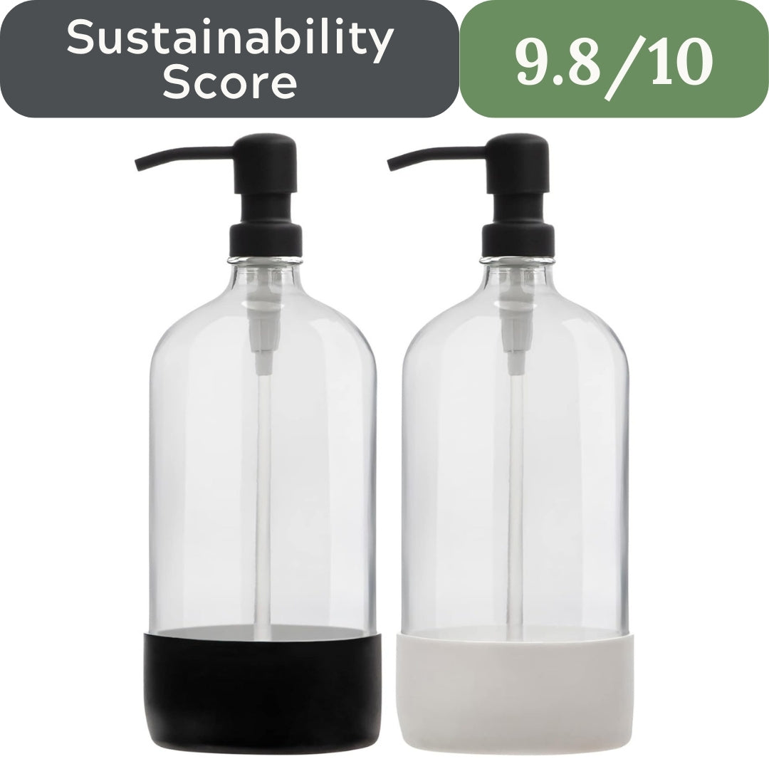 Two clear bottles with black and gray pump tops on a white background, labeled with a sustainability score of 9.8/10.