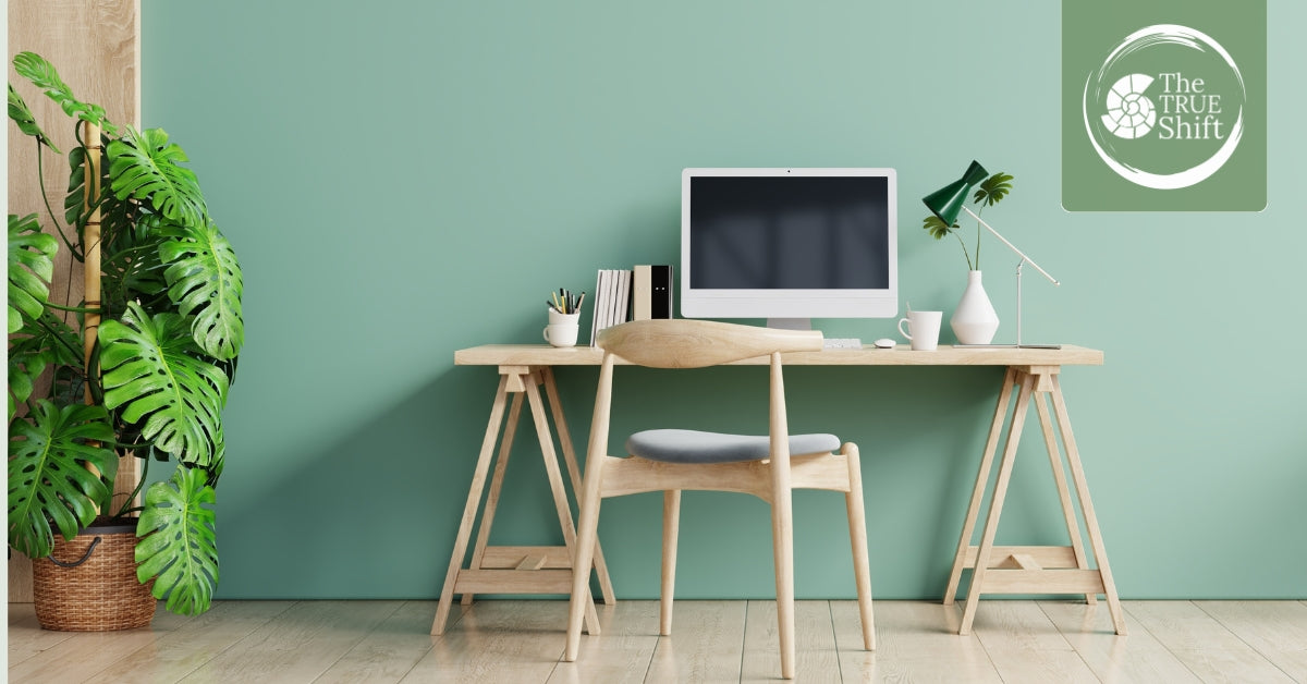 Minimalist office setup with a desk, chair, and computer against a green wall, featuring 'The True Shift' logo.