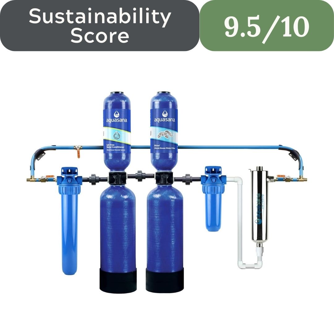 Blue water filtration system with Aquasana branding and sustainability score displayed. Insert main product image here with alt text: Aquasana Rhino 1 Million Gallon filter for microplastic-free PFAS whole-house water in USA homes 2026