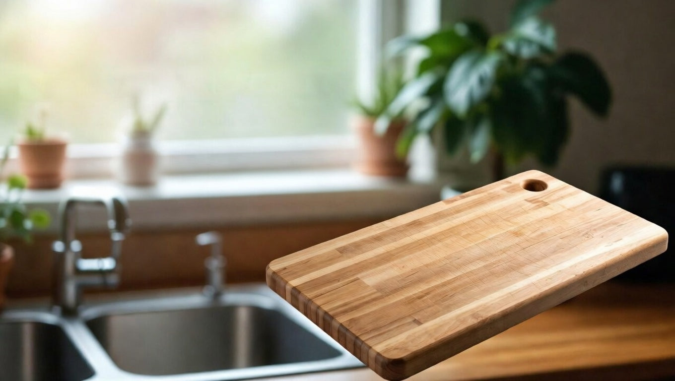 Non-toxic bamboo cutting board floating above a kitchen counter with sink and potted plants in the background, highlighting sustainable kitchen essentials.