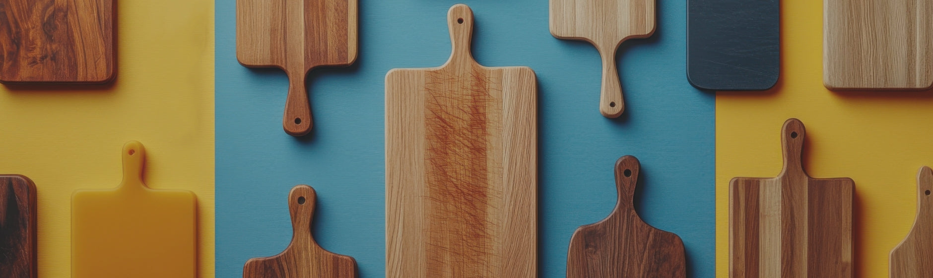 Wooden cutting boards of various shapes and sizes on a colorful background