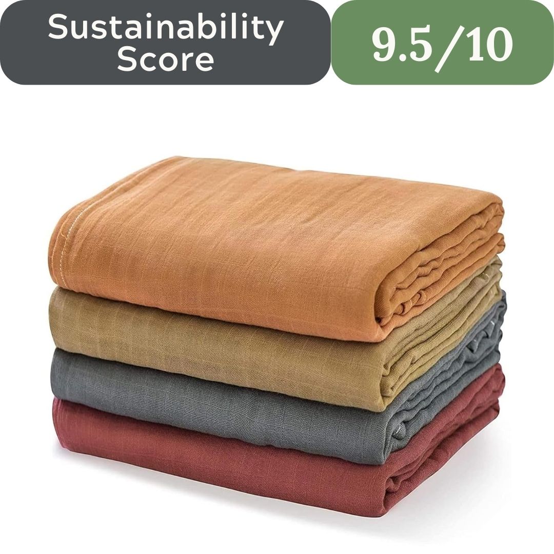 Stack of folded fabric sheets with sustainability score displayed
