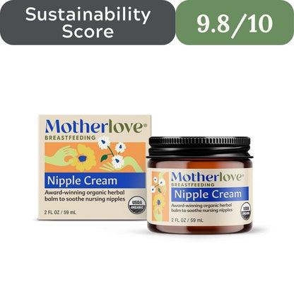 Motherlove Nipple Cream jar and packaging on a white background with sustainability score displayed. Motherlove Organic Nipple Cream for non-toxic baby essentials in USA 2026