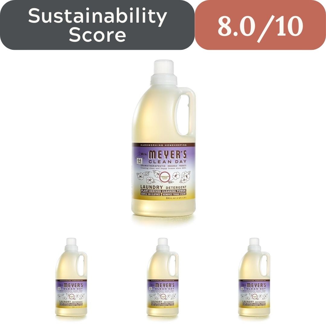 Bottle of Mrs. Meyer's Clean Day laundry detergent with a sustainability score displayed.