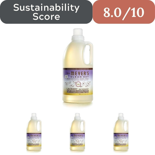 Bottle of Mrs. Meyer's Clean Day laundry detergent with a sustainability score displayed.
