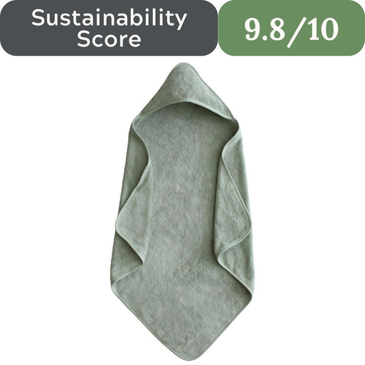 Folded gray towel with sustainability score 9.8/10 displayed above on a white background