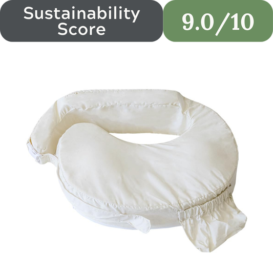 White U-shaped pillow with sustainability score text overlay on a white background