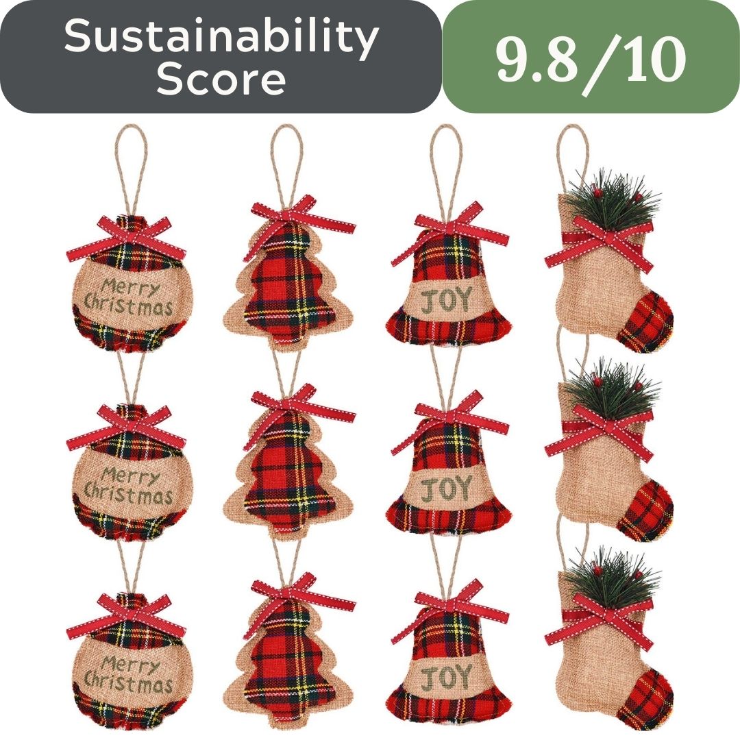 Natural Burlap & Cotton Ornaments (12 Pcs): Zero-Plastic Buffalo Plaid for Sustainable Decor