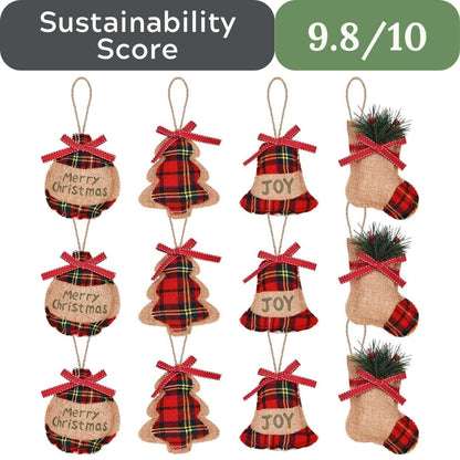 Natural Burlap & Cotton Ornaments (12 Pcs): Zero-Plastic Buffalo Plaid for Sustainable Decor