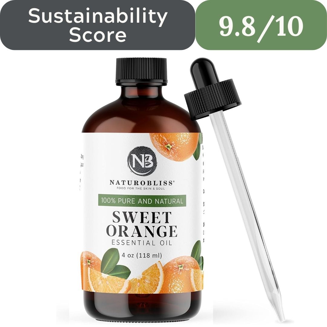 Sweet orange essential oil bottle with dropper and Naturobliss branding, sustainability score displayed.