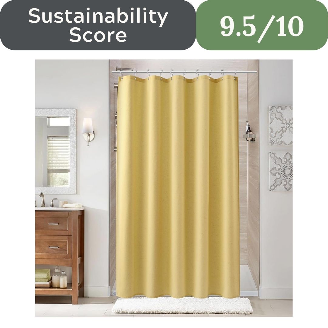 Yellow shower curtain in a bathroom with a sustainability score displayed.