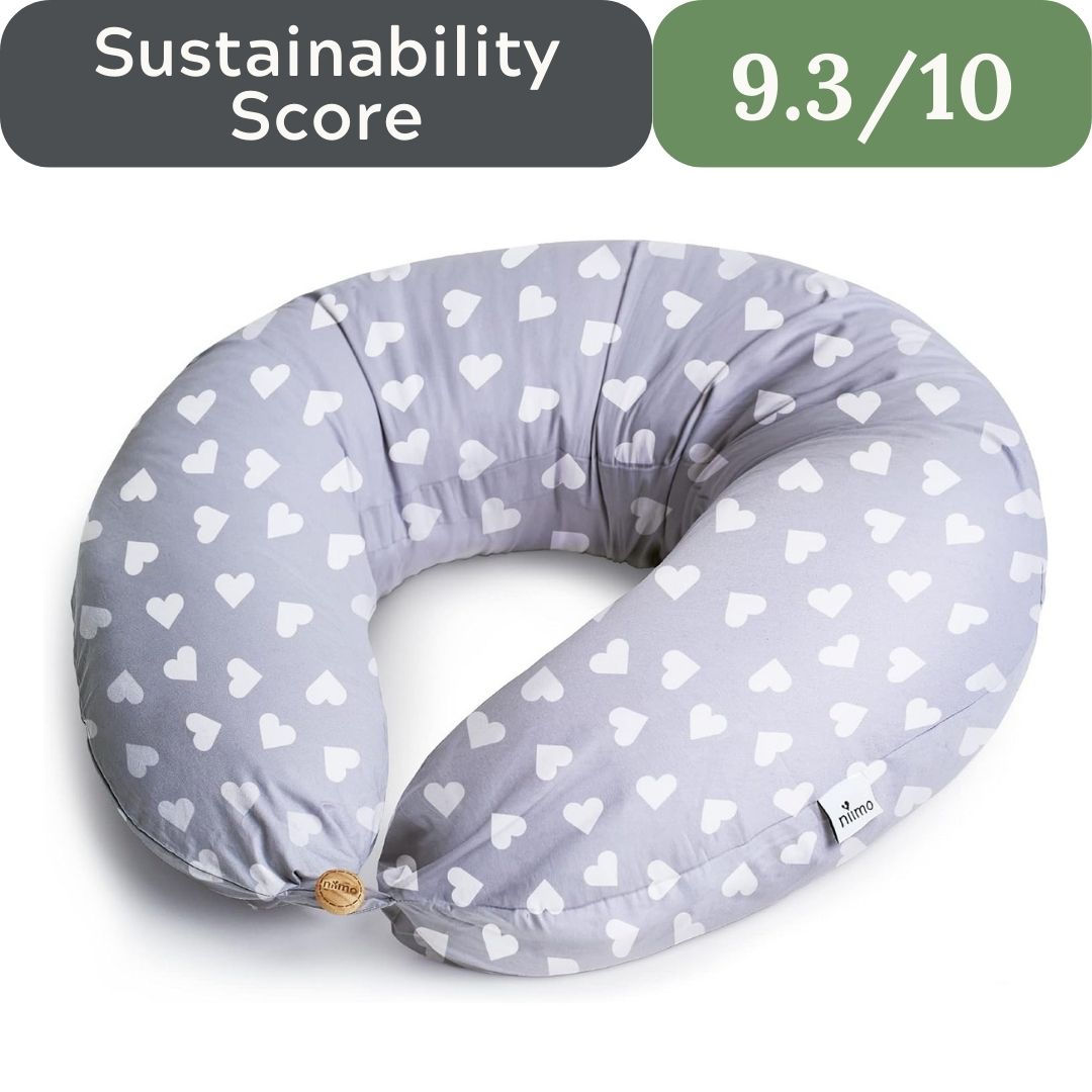 Gray neck pillow with white heart pattern and sustainability score displayed