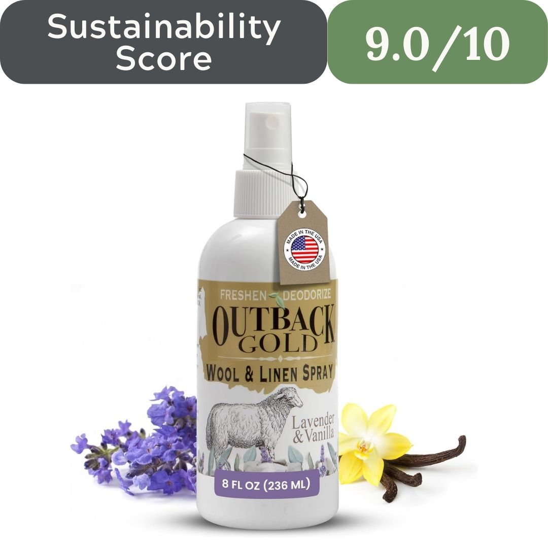 Outback Gold Wool & Linen Spray bottle with lavender, vanilla, and a sustainability score label on a white background.