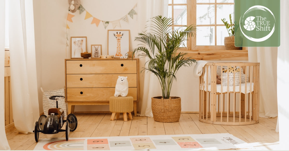 Children's room with wooden furniture, toys, and a plant.