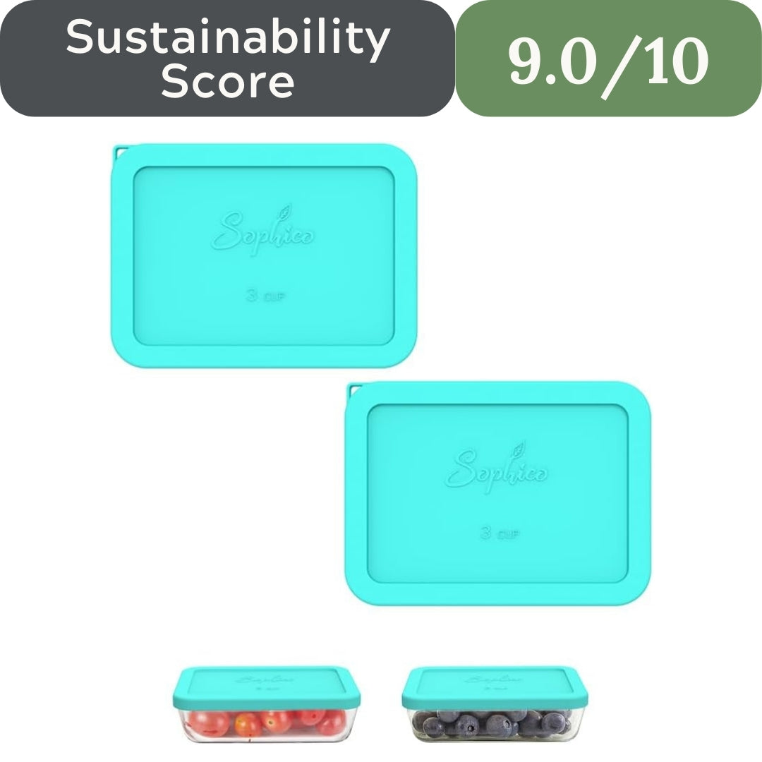 Set of turquoise silicone food containers with 'Sophico' branding, shown with a sustainability score on a white background.