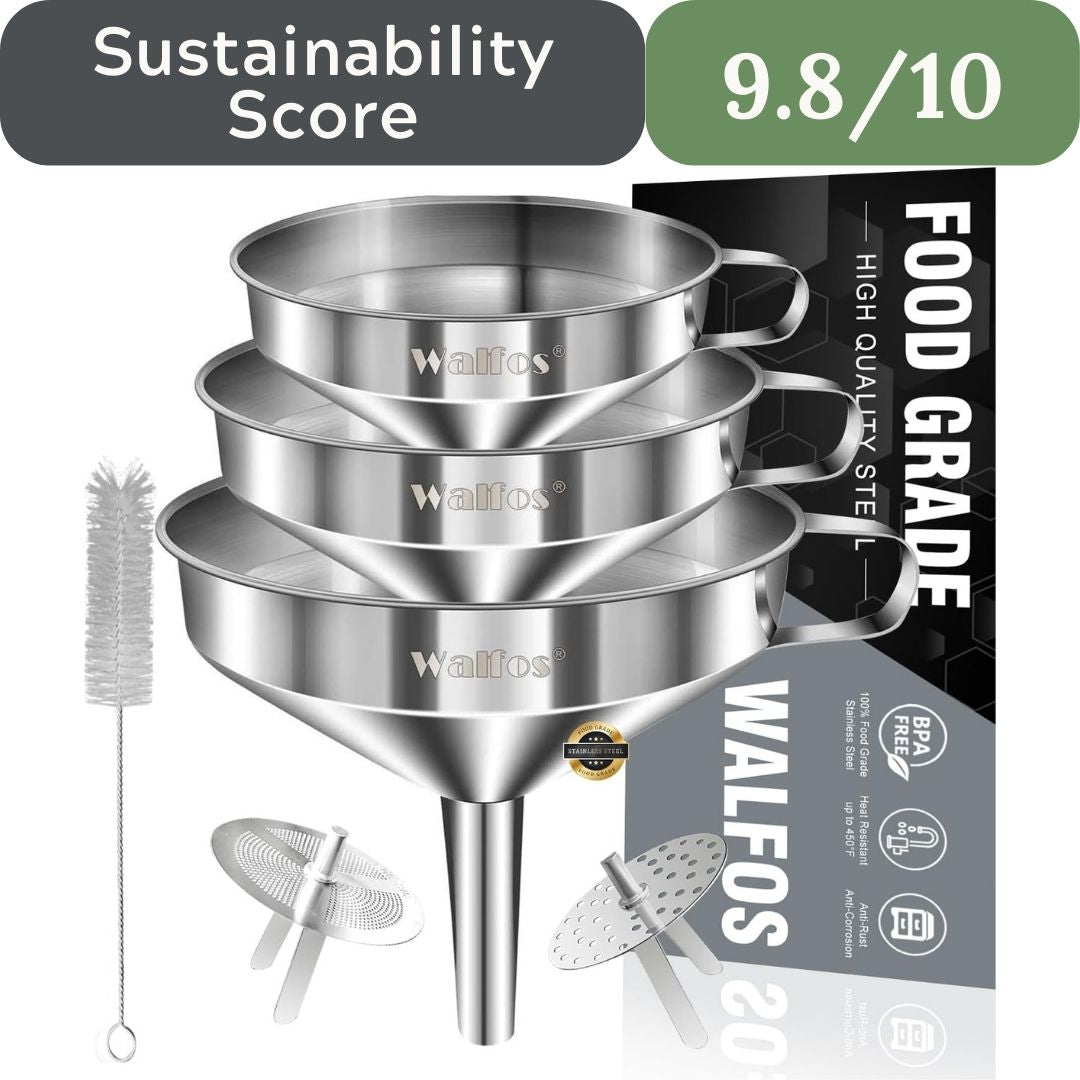 Set of stainless steel funnels with a cleaning brush and packaging, featuring the brand 'Walfos'.