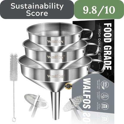 Set of stainless steel funnels with a cleaning brush and packaging, featuring the brand 'Walfos'.