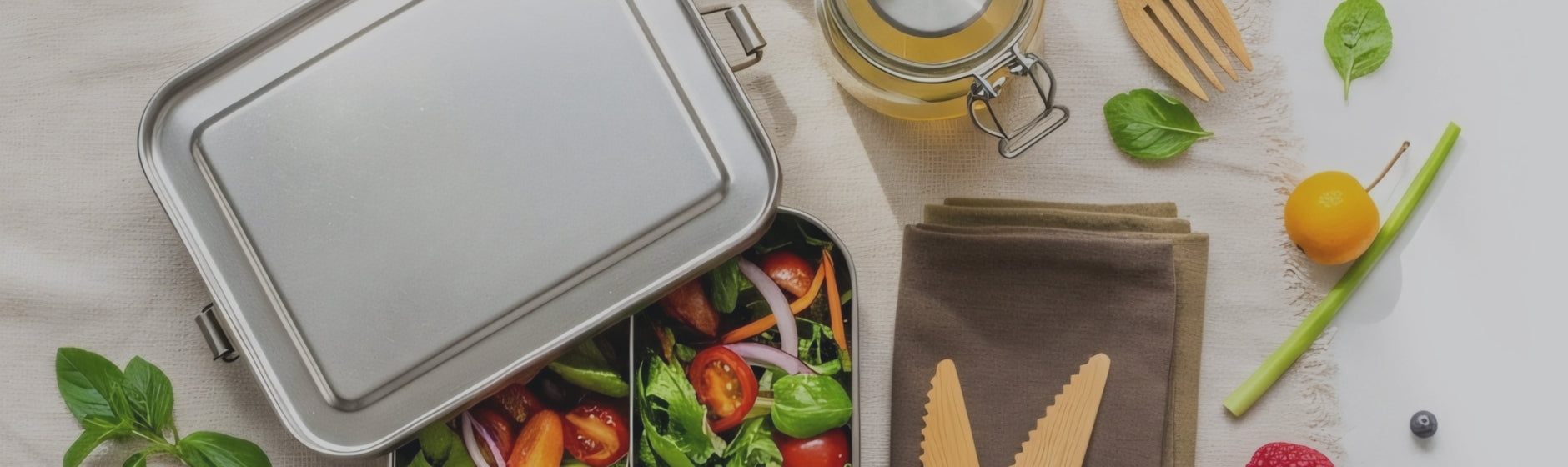 Metal lunch box with salad, utensils, and ingredients on a wooden surface