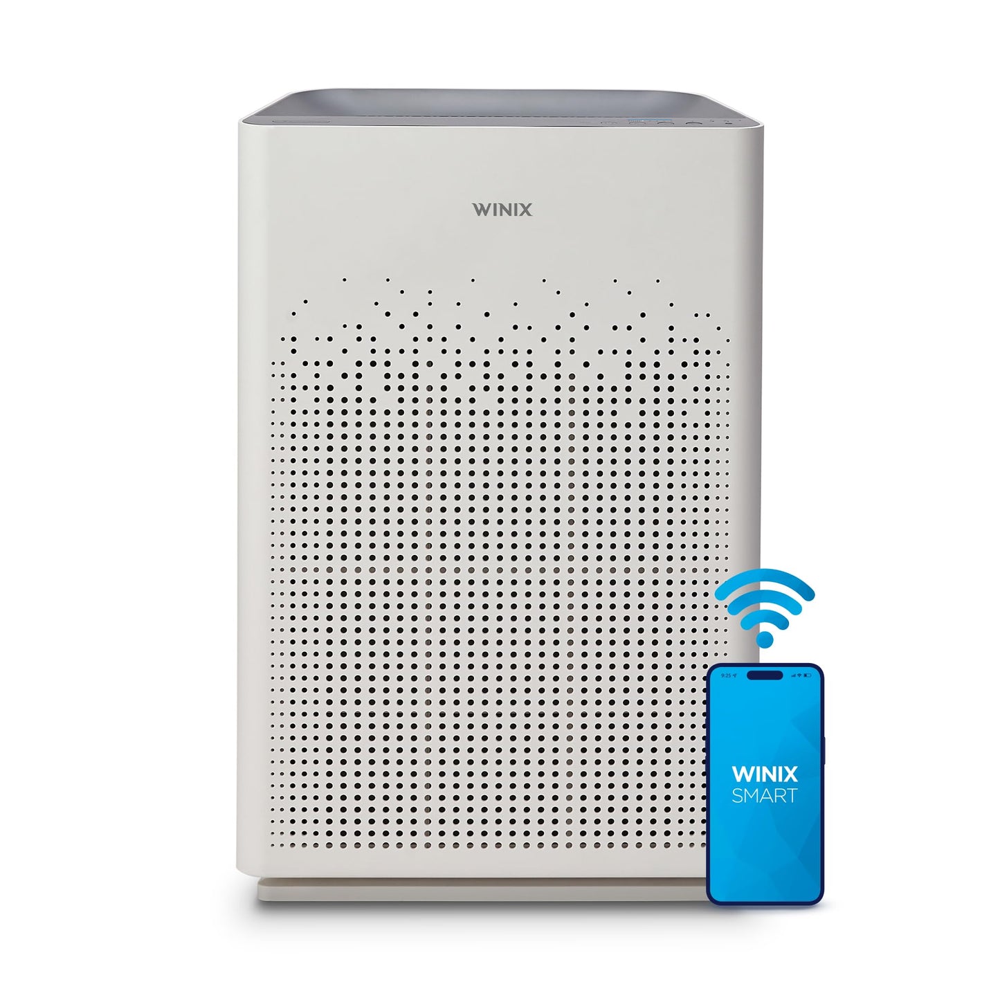 Winix air purifier with a smartphone app icon on a white background