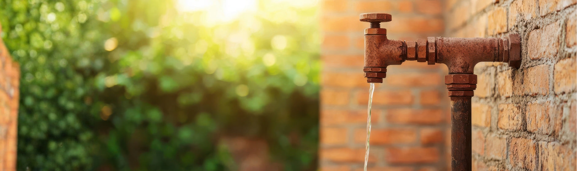 Rust-colored outdoor faucet with water flowing against a brick wall and greenery.