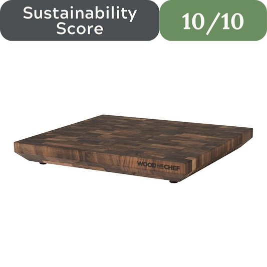 Wooden cutting board with 'Wood for Chef' branding and sustainability score '10/10' displayed. WoodforChef Walnut End Grain Cutting Board for microplastic-free non-toxic kitchen in 2026