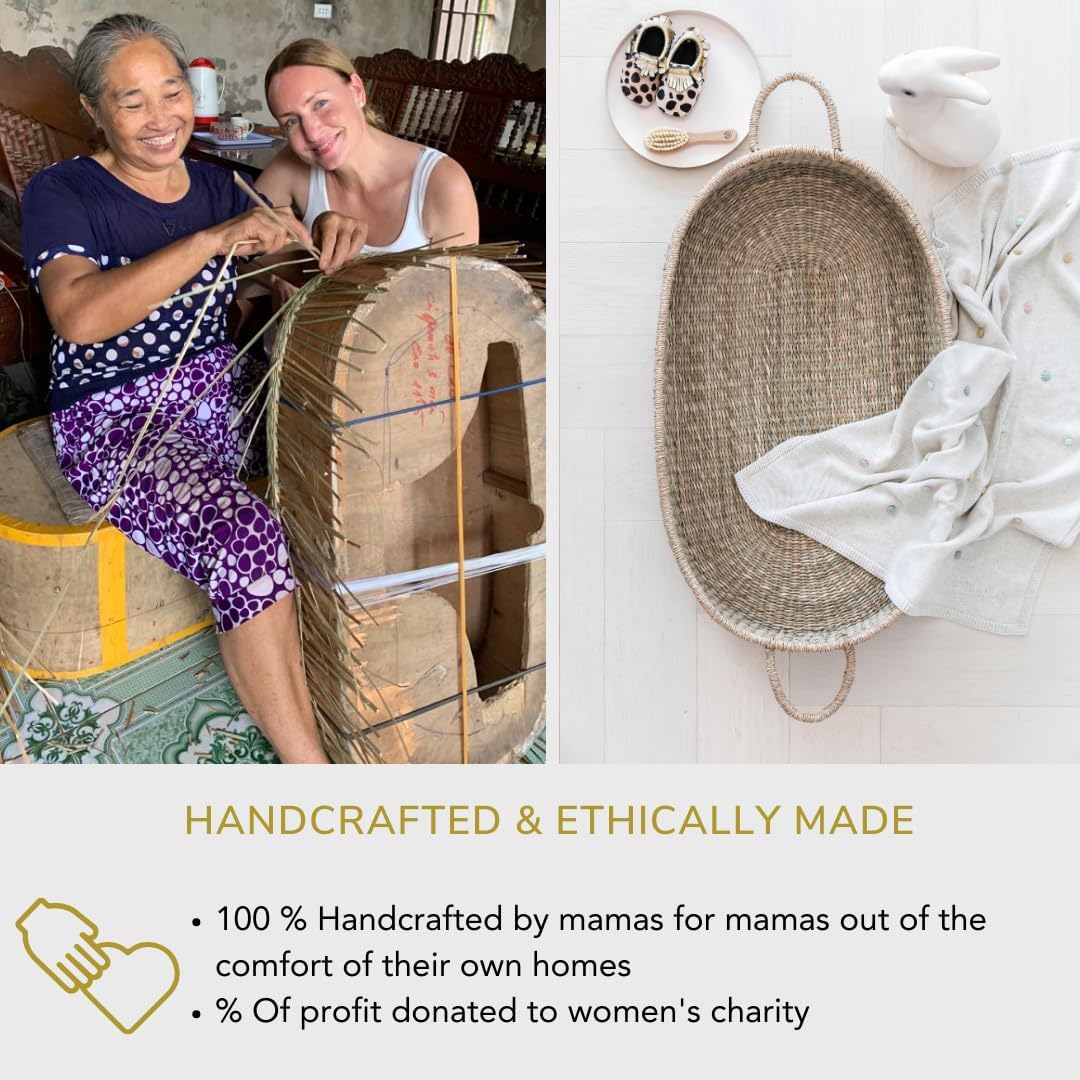 The Tribalist - BeBe Bask, Seagrass Baby Changing Basket – Luxury Leaf Liner, Waterproof Bamboo Pad & Vegan Leather Mat