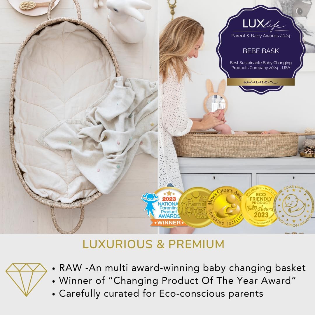 The Tribalist - BeBe Bask, Seagrass Baby Changing Basket – Luxury Leaf Liner, Waterproof Bamboo Pad & Vegan Leather Mat