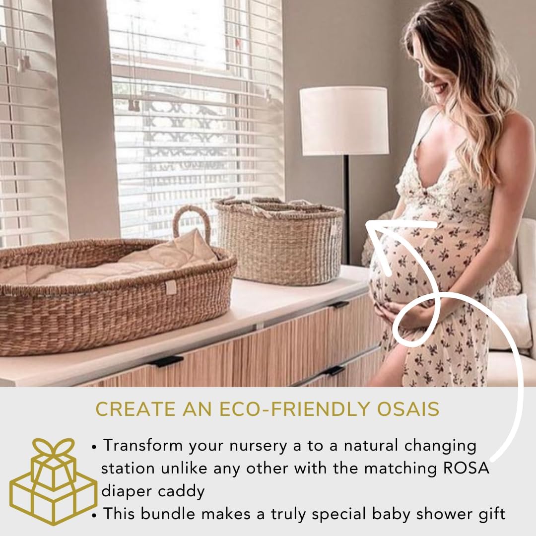 The Tribalist - BeBe Bask, Seagrass Baby Changing Basket – Luxury Leaf Liner, Waterproof Bamboo Pad & Vegan Leather Mat