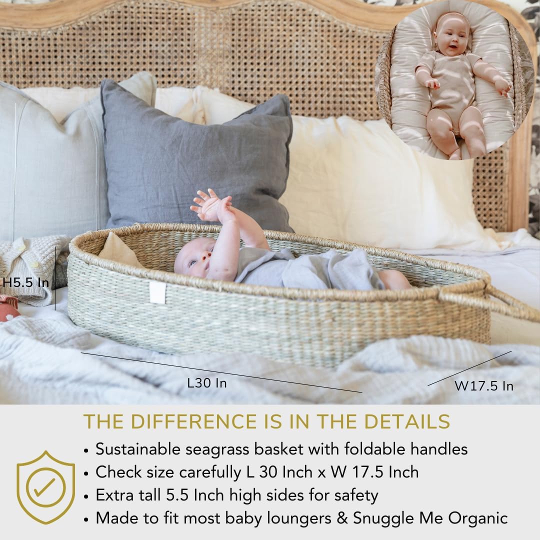The Tribalist - BeBe Bask, Seagrass Baby Changing Basket – Luxury Leaf Liner, Waterproof Bamboo Pad & Vegan Leather Mat