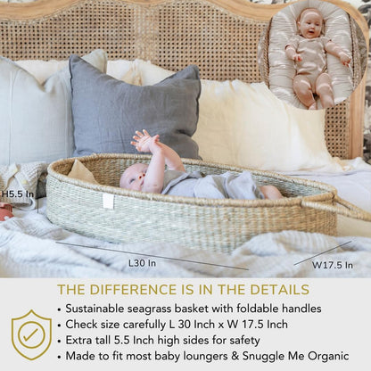 The Tribalist - BeBe Bask, Seagrass Baby Changing Basket – Luxury Leaf Liner, Waterproof Bamboo Pad & Vegan Leather Mat