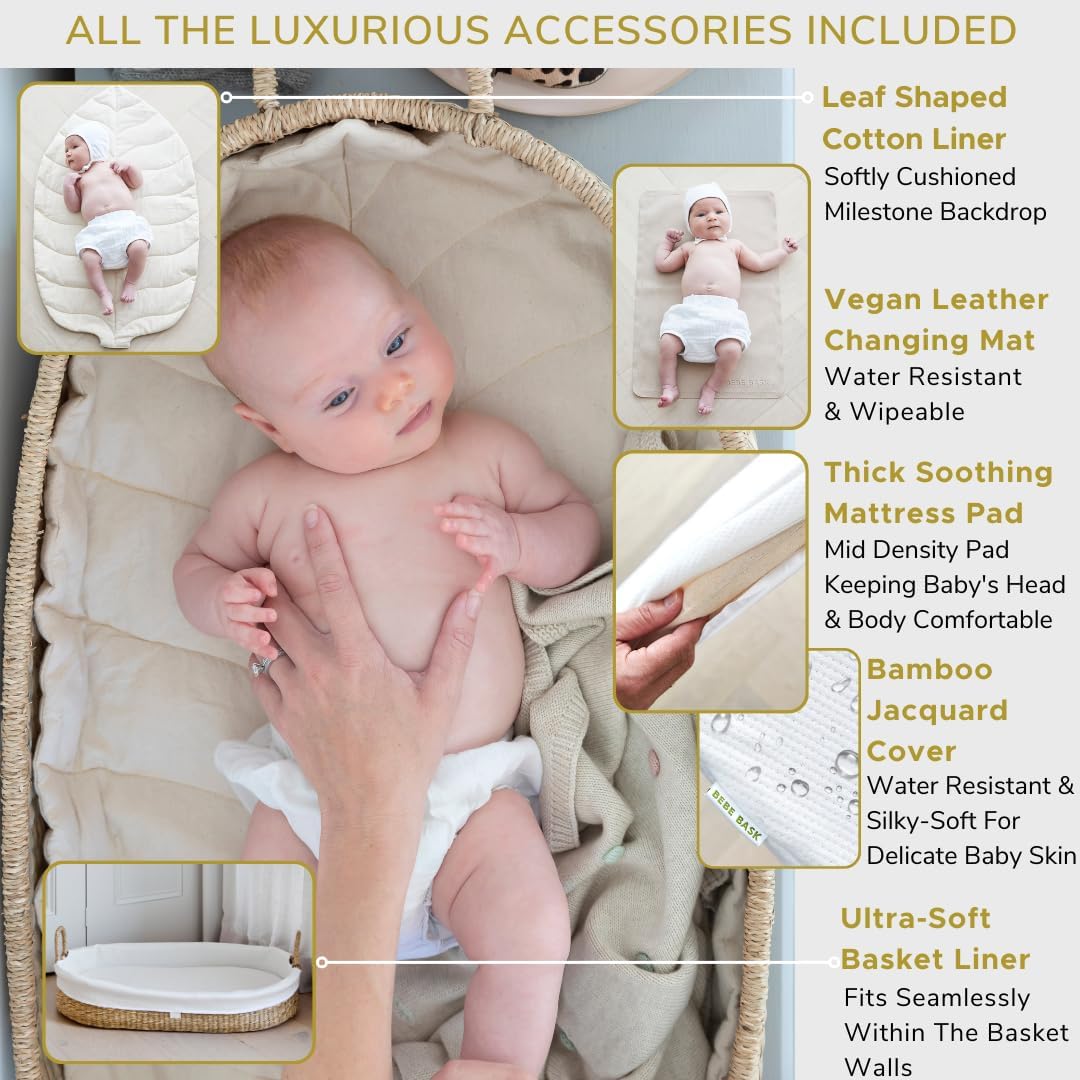 The Tribalist - BeBe Bask, Seagrass Baby Changing Basket – Luxury Leaf Liner, Waterproof Bamboo Pad & Vegan Leather Mat