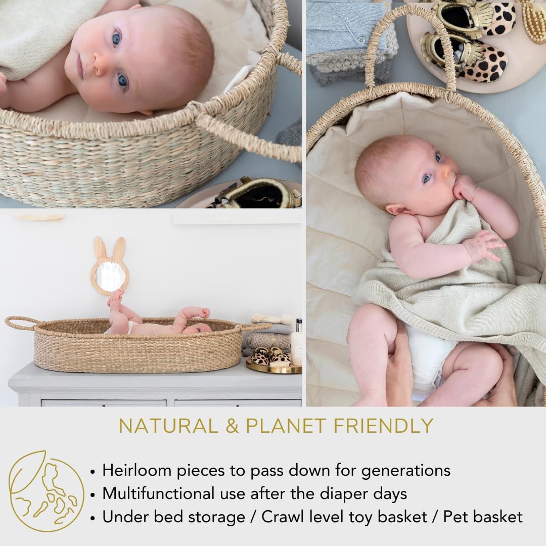 The Tribalist - BeBe Bask, Seagrass Baby Changing Basket – Luxury Leaf Liner, Waterproof Bamboo Pad & Vegan Leather Mat